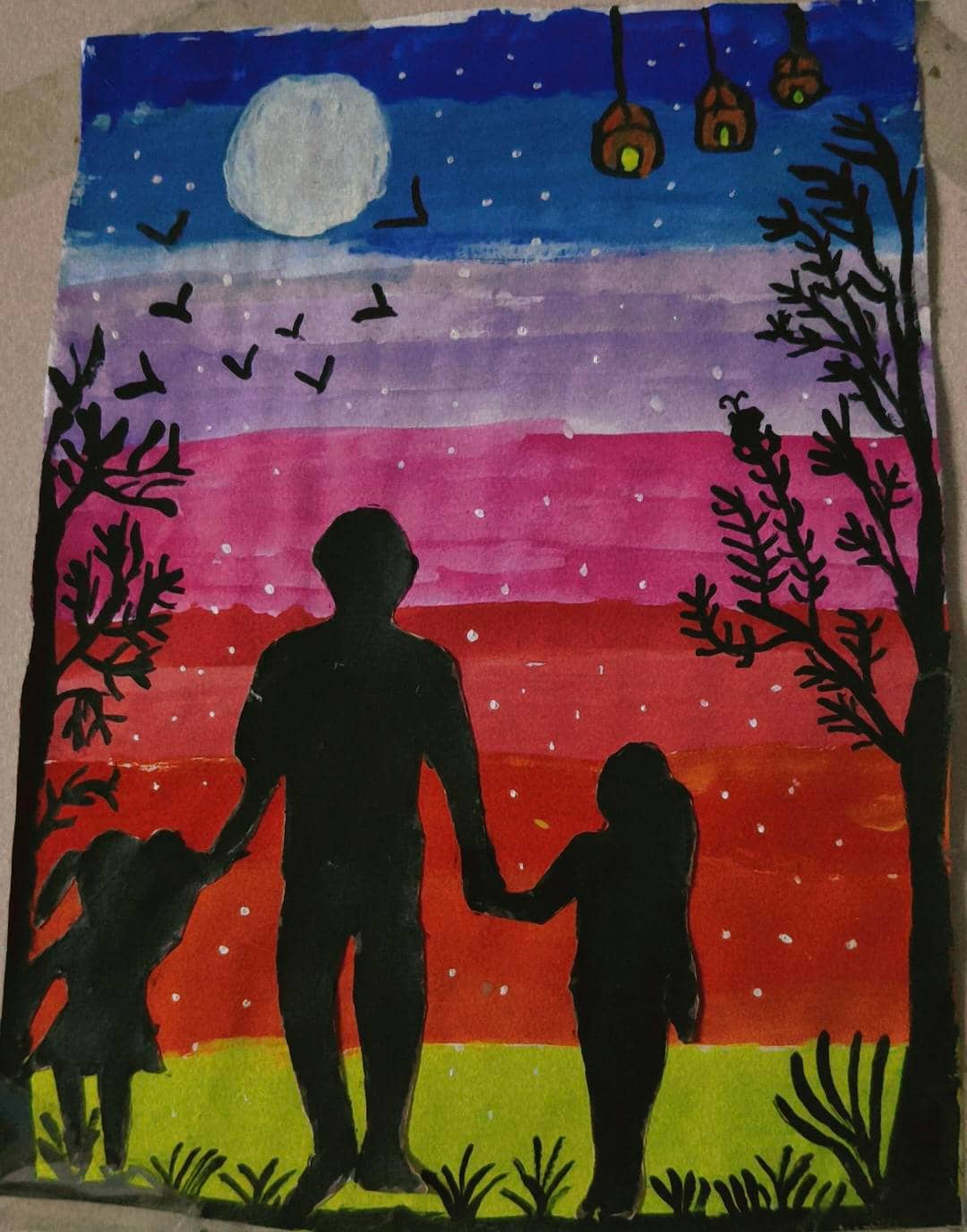 "Twilight Bond" Father & Daughters Silhouette Painting