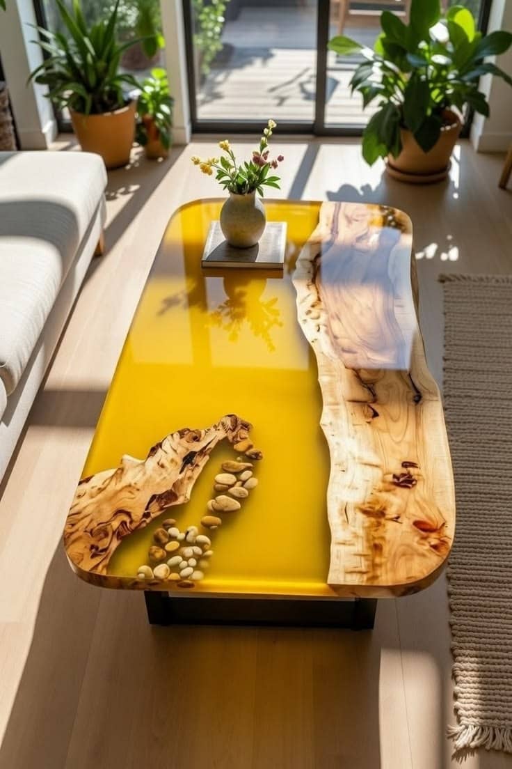 Handcrafted Yellow Epoxy River Coffee Table | Live Edge Wood Centerpiece