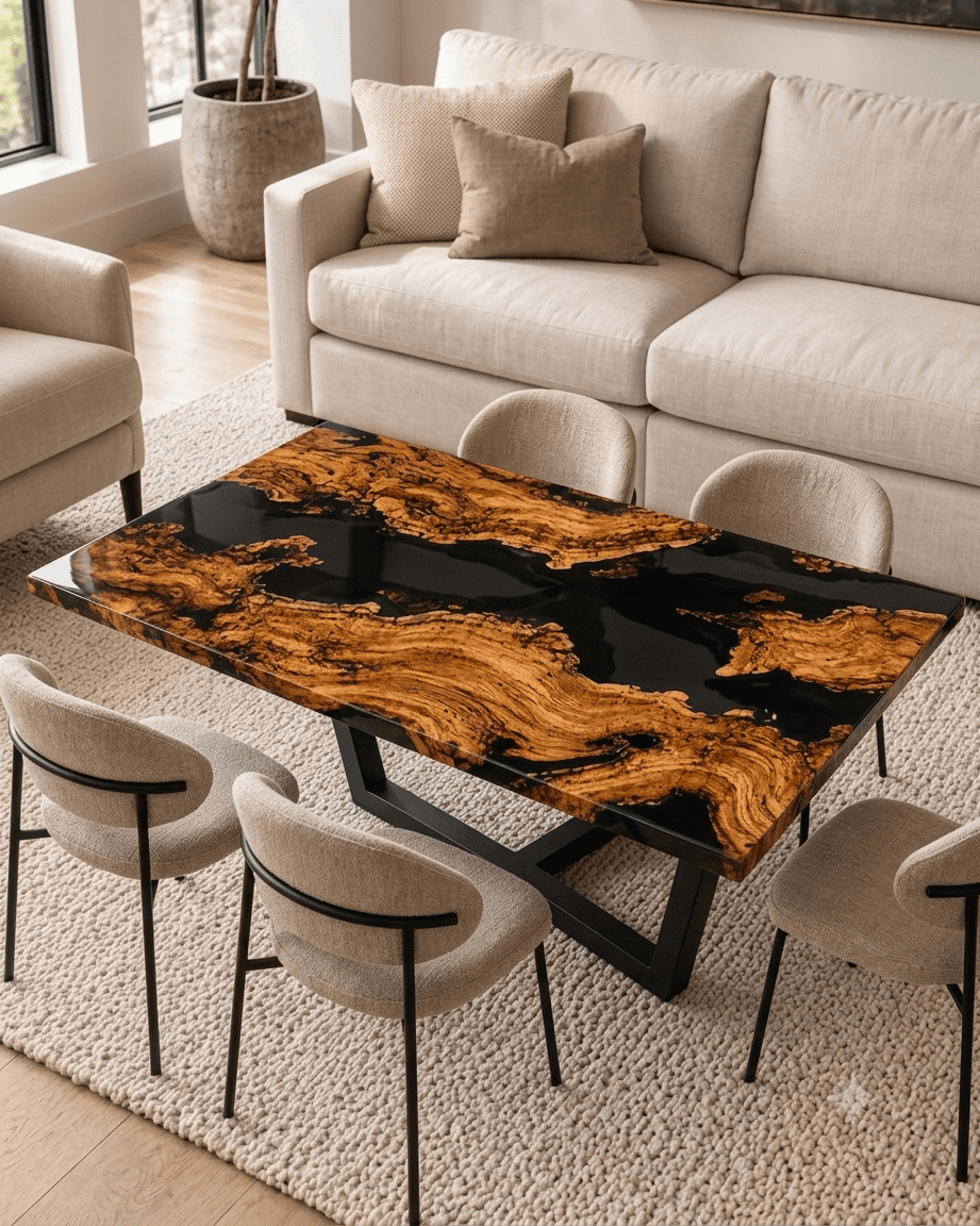 Luxury Black Epoxy Resin Dining Table | Live Edge Wood & Black River Table | Handmade Custom Dining Furniture | SK Epoxy Craft