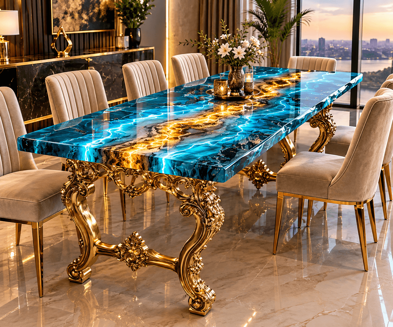 Luxury Blue & Gold Epoxy Dining Table – Handmade Resin Dining Table | SK Epoxy Craft